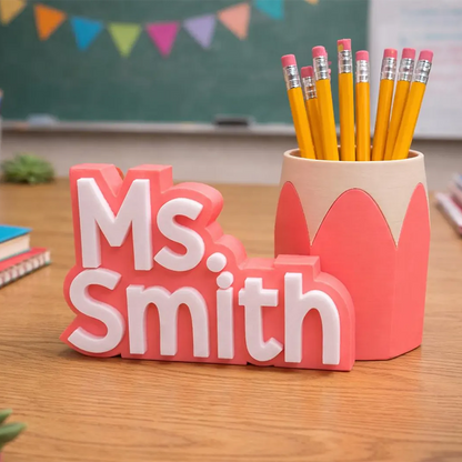 Teacher Desk Name Plate; Custom Pencil/Pen Cup and Name Stand; Personalized Gift