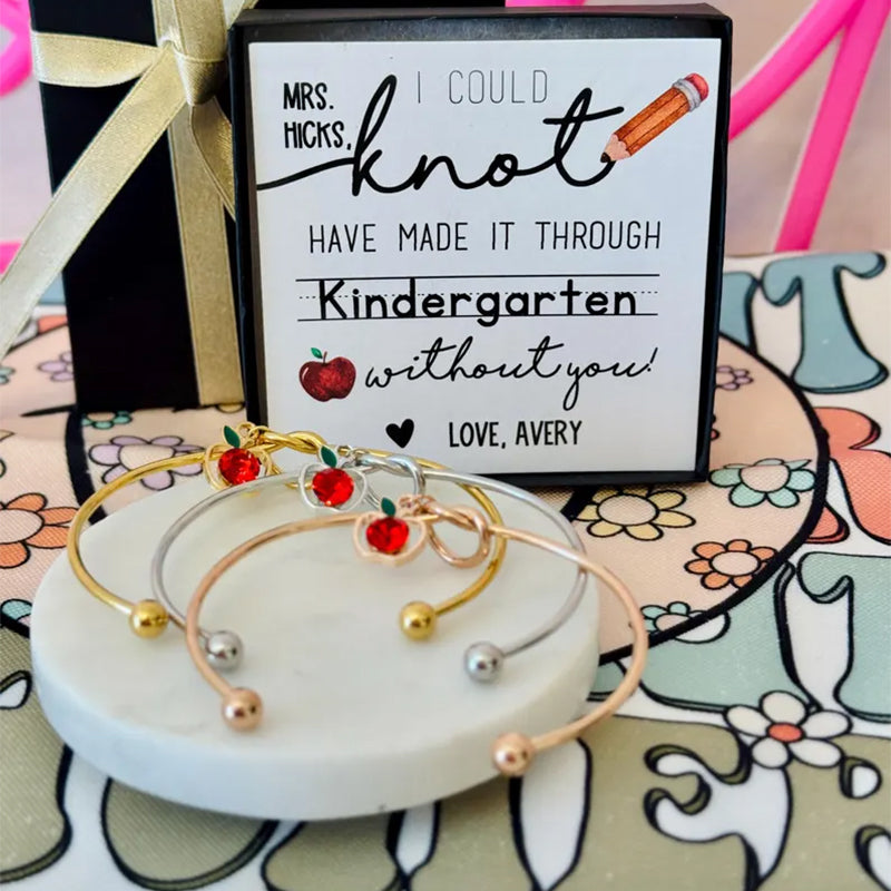 End of Year Teacher Gift Knot Bangle with apple charm, personalized Heart Card!