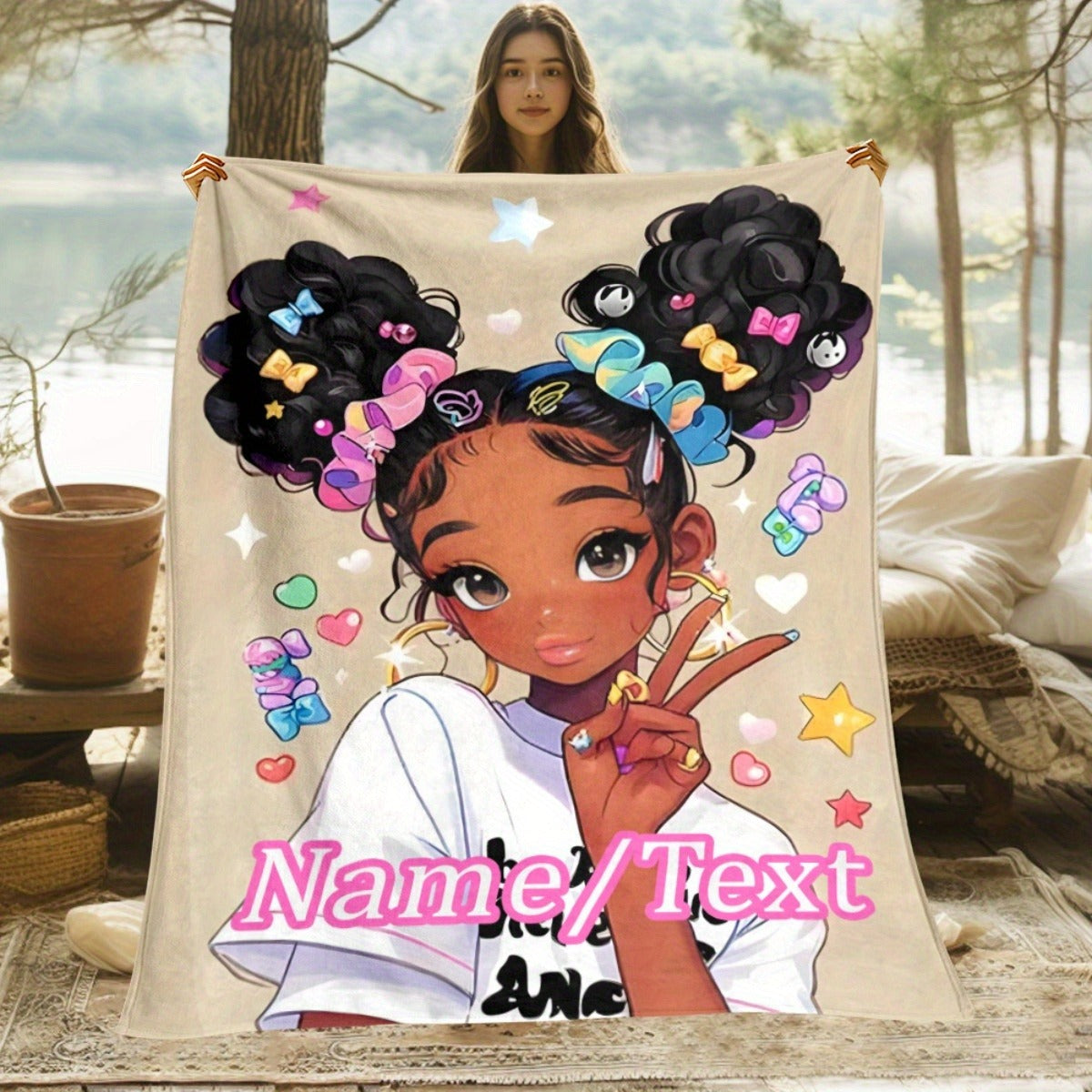 Personalized Custom Name Anime Girl Peace Sign & Anime Characters Fleece Blanket