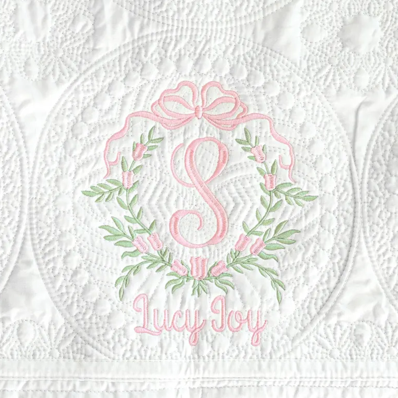 Baby Girl Heirloom Quilt, Personalized Floral Crest Embroidered Blanket