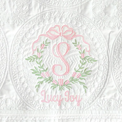 Baby Girl Heirloom Quilt, Personalized Floral Crest Embroidered Blanket