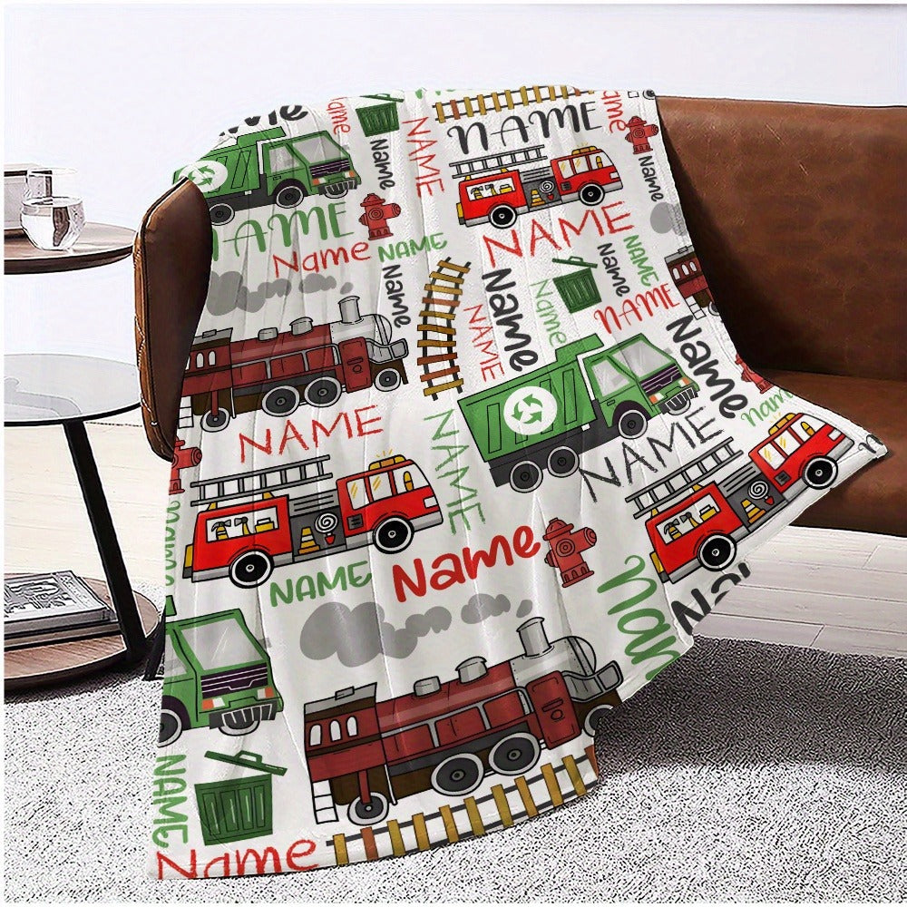 Personalized Name Vehicle Blanket: Customizable with Trains, Fire Trucks