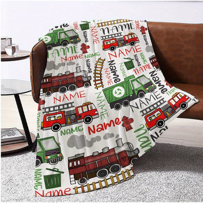 Personalized Name Vehicle Blanket: Customizable with Trains, Fire Trucks