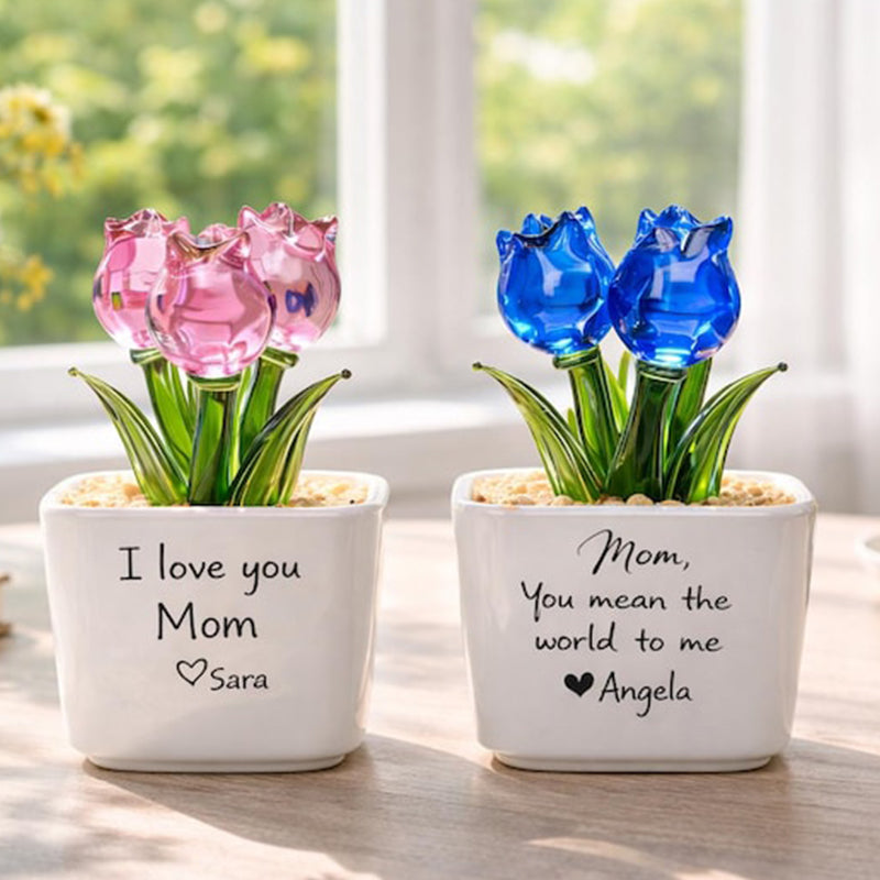 Personalized Glass Everlasting Tulips, Glass Flower Pot, Handmade Gift for Mom