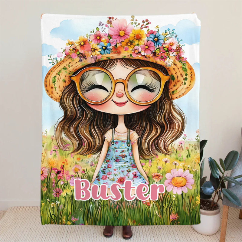 Personalized Cartoon Quirky Flower Girl Throw Blanket with Name