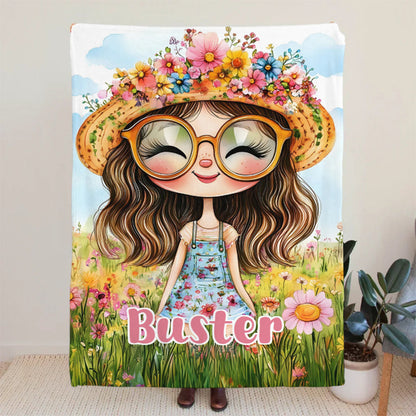 Personalized Cartoon Quirky Flower Girl Throw Blanket with Name