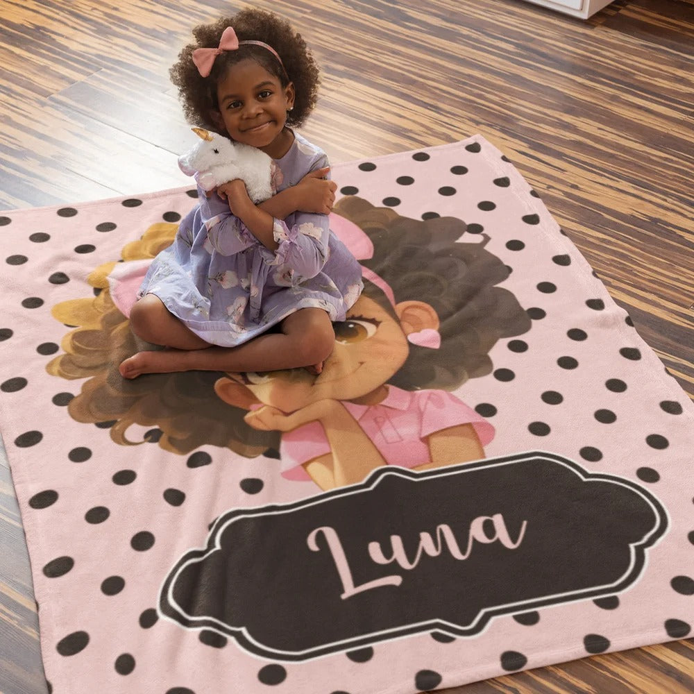 Personalized Polka Dots Cute Cartoon Little Girl Soft Throw Blanket