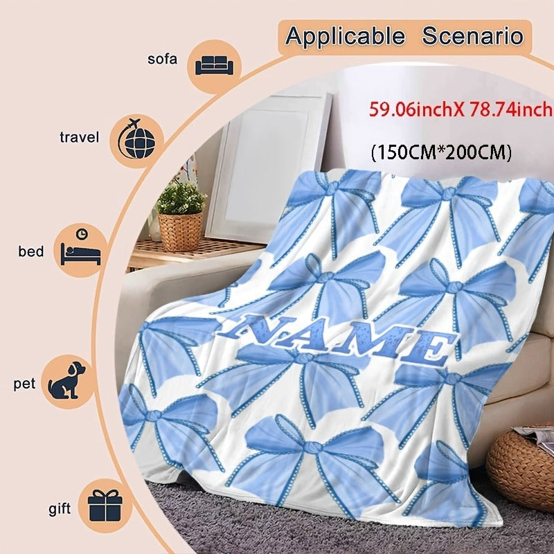 Customizable Name Light Blue Bowknot Pattern Flannel Fleece Blanket