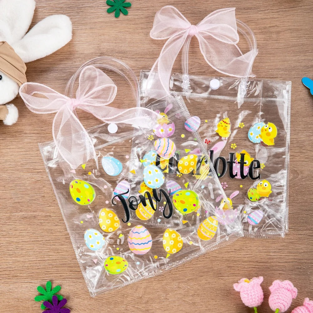 Personalized Pink Bow Ribbon Colorful Easter Eggs Chicks Clear Gift Bag