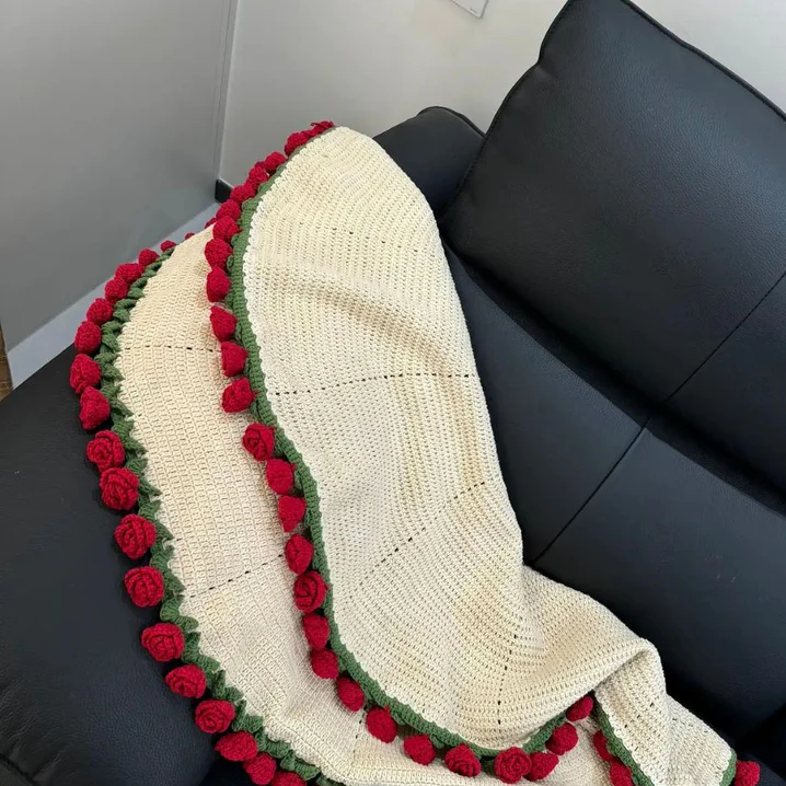 Personalized Crochet Rose Bouquet Blanket: Embroidered Name, Cotton Throw
