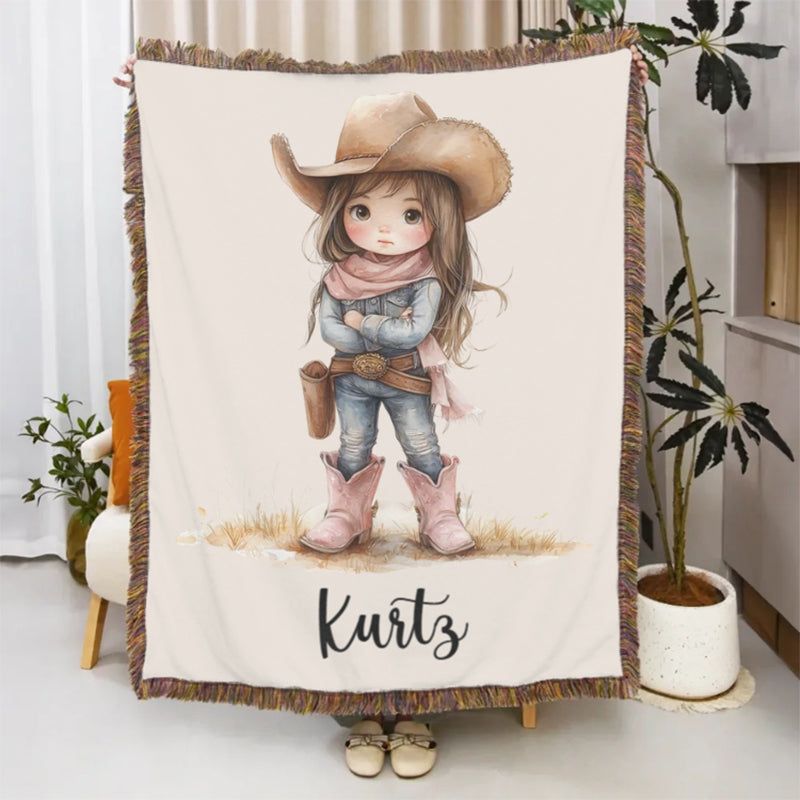 Personalized Cartoon Cowboy Tassel Blanket with Name