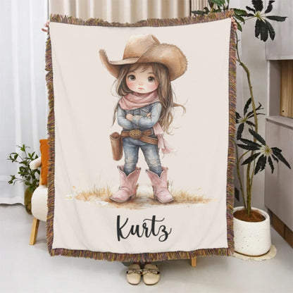 Personalized Cartoon Cowboy Tassel Blanket with Name