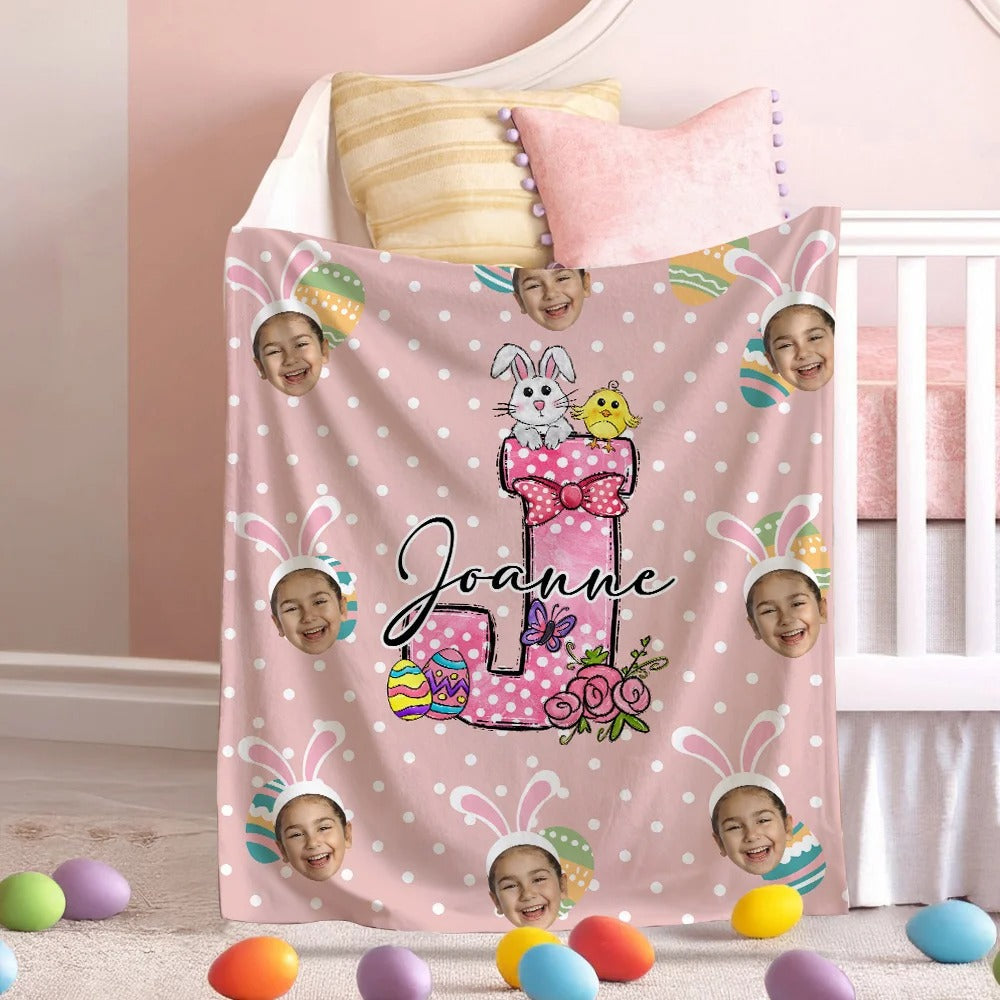 Personalized Colorful Polka Dot Bunny Chick Initial Face Photos Easter Blanket Gift for Kids