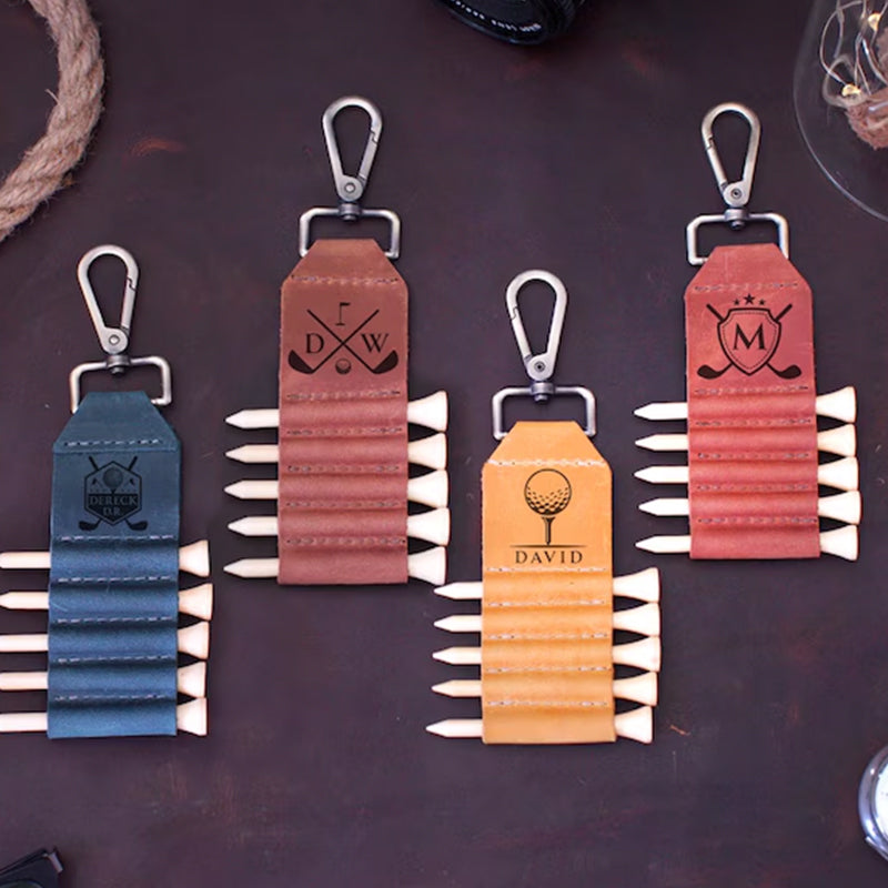 Engraved Leather Golf Bag Tag, Personalized Golf Tee Holder