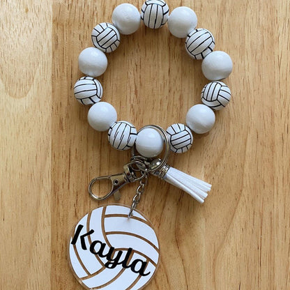 Personalized Sports Print Wristlet Wood Bead Bracelet Keychain