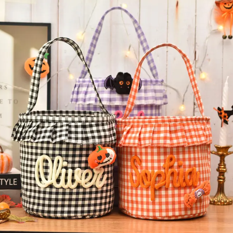 Halloween Basket Ruffle Personalized,Plaid Trick or Treat Bag with Custom Name