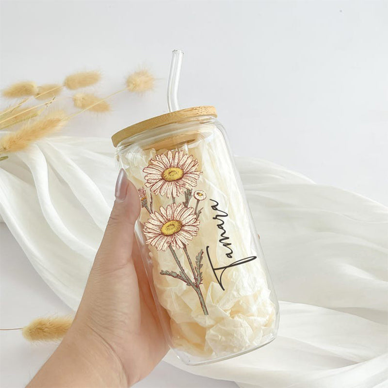 Personalized Birth Flower Tumbler With Name, Birth Flower Glass