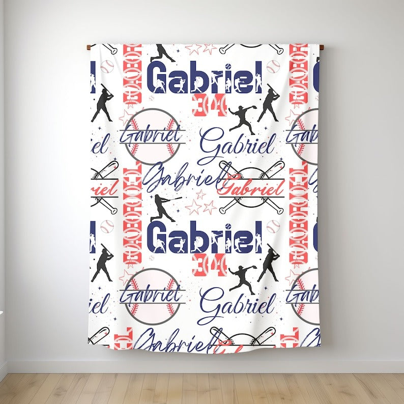 Baseball Boy Personalized Blanket, Custom Name Collage with Baseball Pattern Throw