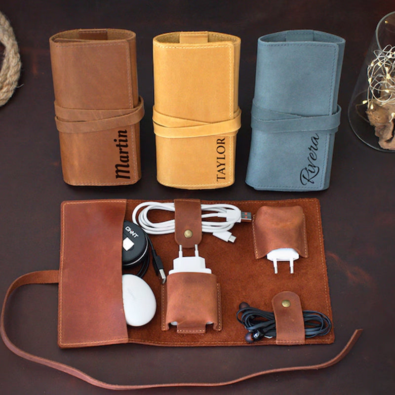 Custom Leather Cord Holder, Personalized Cable Organizer
