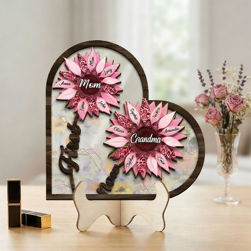 Custom First Mom Now Grandma Sign, Personalized Kid's Name SunFlower Wooden Art