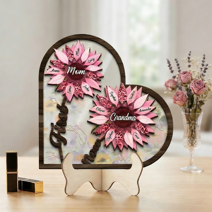 Custom First Mom Now Grandma Sign, Personalized Kid's Name SunFlower Wooden Art