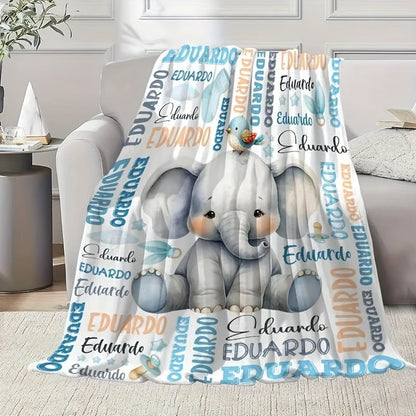 One Custom Text Elephant Print Plush Blanket, Personalized Soft Warm Digital Printed Throw