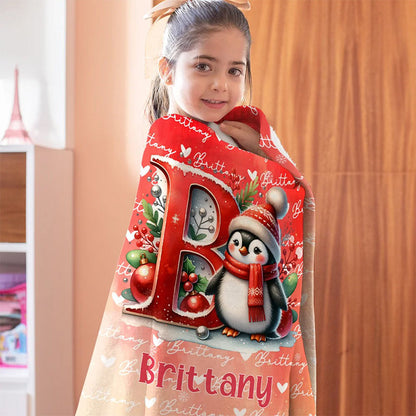 Personalized Santa Hat Snowman Penguin Initial Word Cloud Blanket