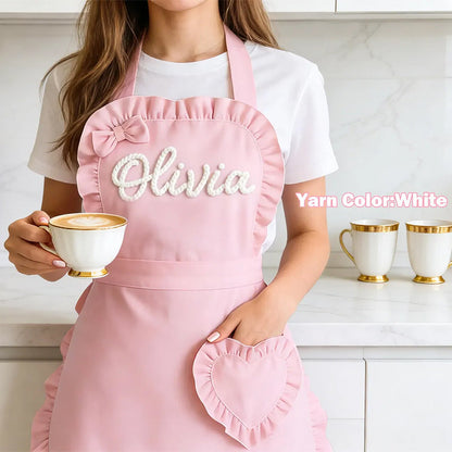 Custom Name Pink Apron : Ruffled Heart Pocket, Baking Lover Gift