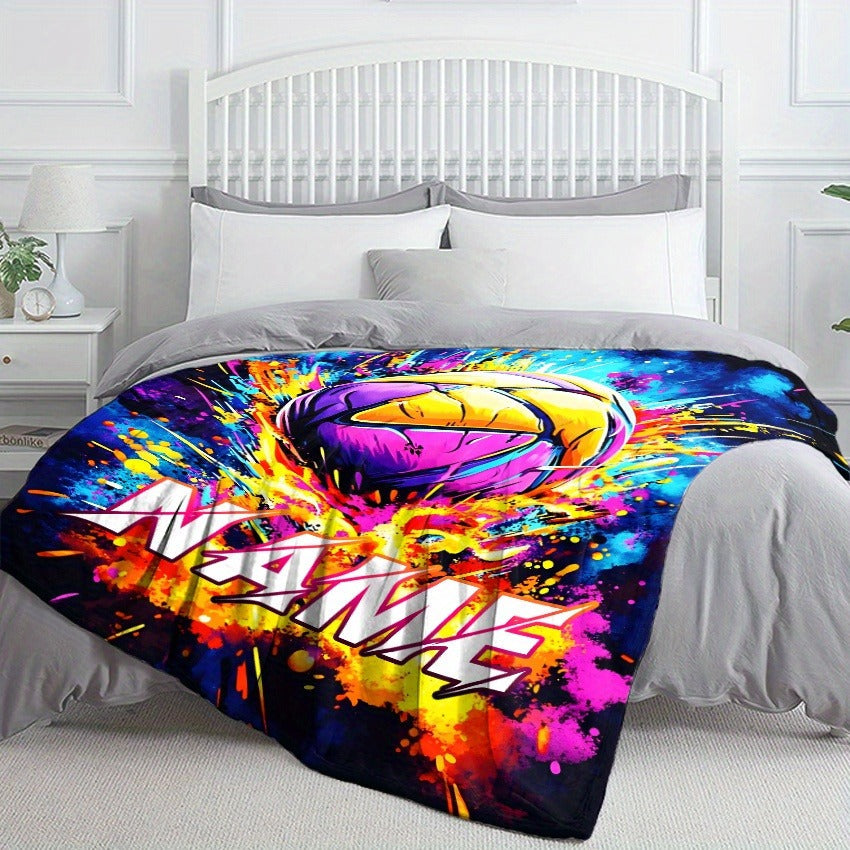 Custom Name Cool Spray Paint Volleyball Blanket, Lightweight Flannel, Soft and Warm