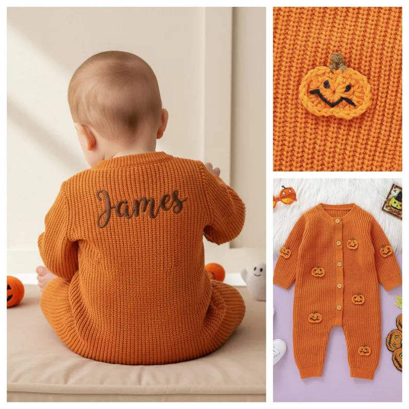 Custom Name Back Baby Halloween Romper, 3D Pumpkin Knit Jumpsuit