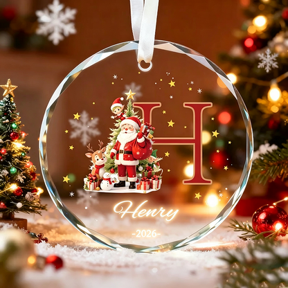 Custom Monogram Name Glass Ornament, Elf Snowman Christmas Ornaments
