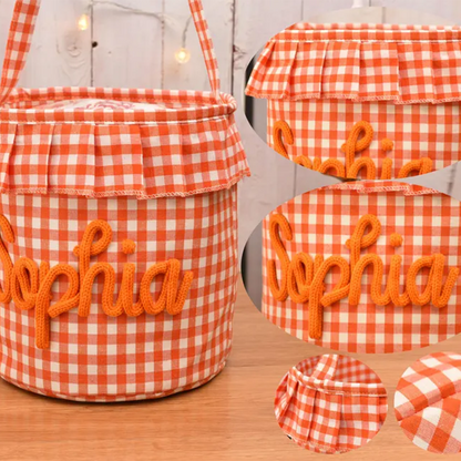 Halloween Basket Ruffle Personalized,Plaid Trick or Treat Bag with Custom Name