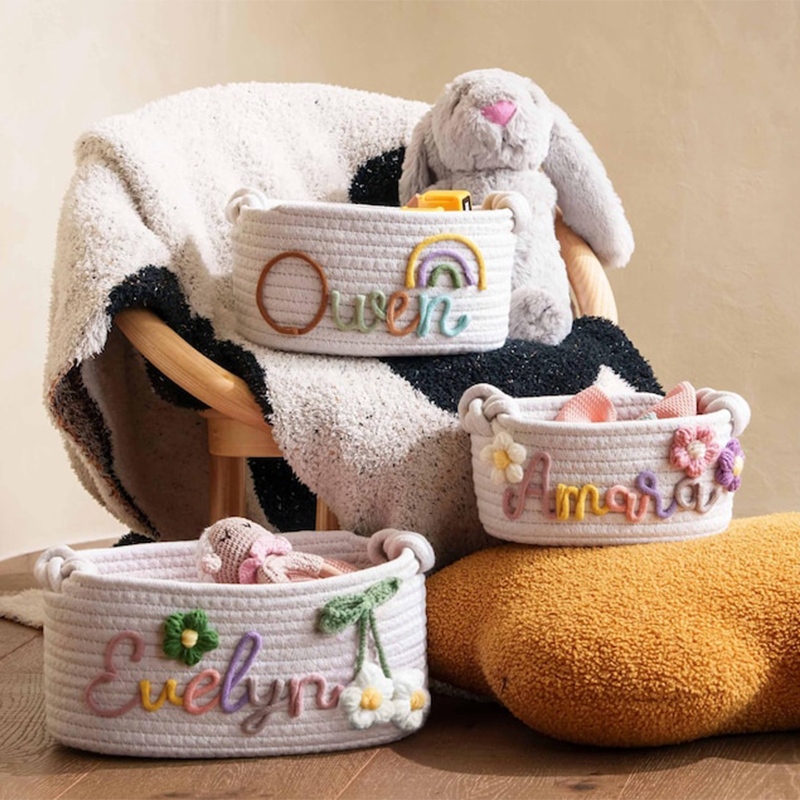 Hand Embroidered Baby Name Basket, Mothers Day Gift