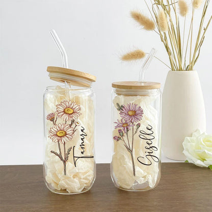 Personalized Birth Flower Tumbler With Name, Birth Flower Glass