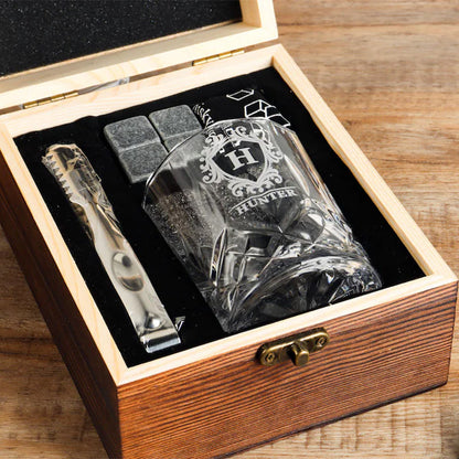 Personalized Whiskey Glass Set with Engraving Wooden Box