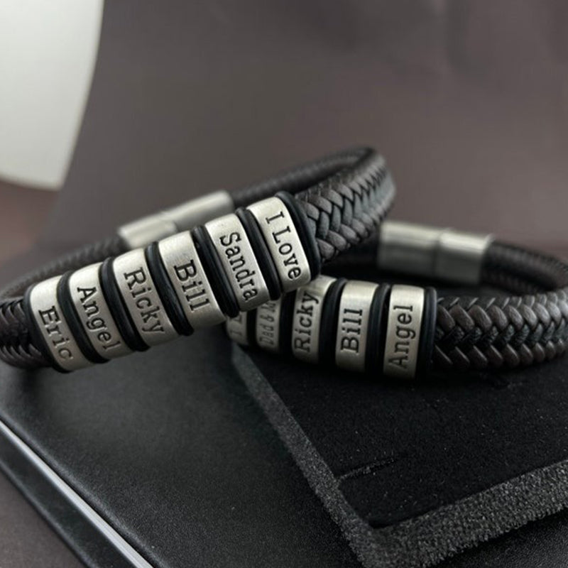 Personalized Mens Bracelet, Handmade Leather Beaded Jewelry with Kids Names