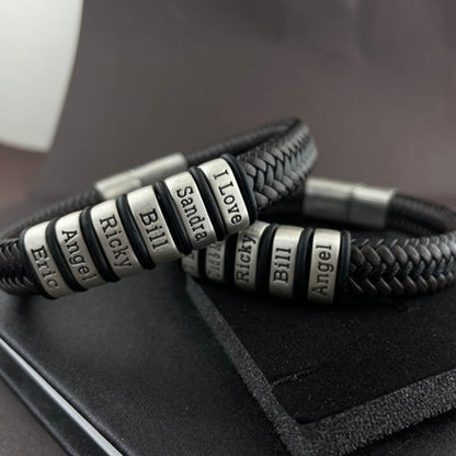 Personalized Mens Bracelet, Handmade Leather Beaded Jewelry with Kids Names