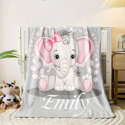 Custom Name Personalized Elephant Flannel Throw Blanket