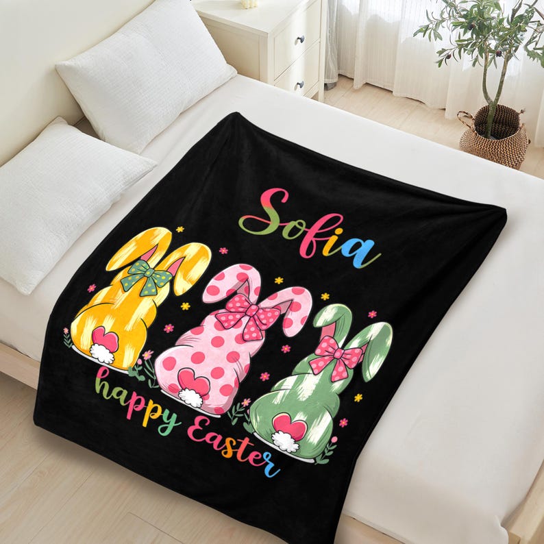 Personalized Easter Bunny Blanket, Custom Kids Name Blanket