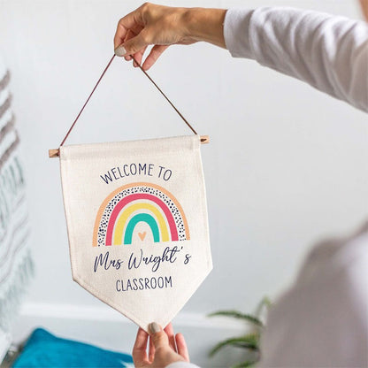 Personalised Teacher Rainbow Classroom Linen Style Hanging Flag