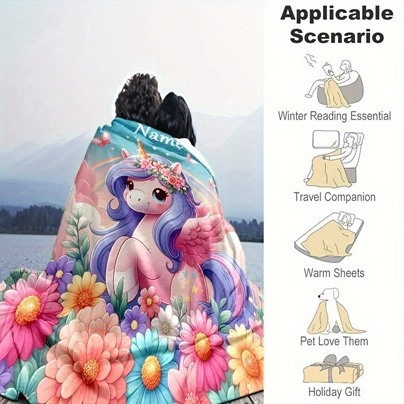 Creative Cartoon Unicorn Butterfly Floral Pattern Text Custom Flannel Print Blanket