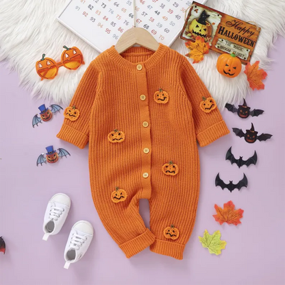 Custom Name Back Baby Halloween Romper, 3D Pumpkin Knit Jumpsuit