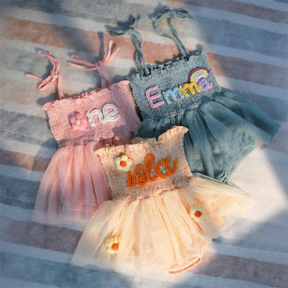 Custom Name Baby Tutu Dress, Hand Embroidered Baby Romper