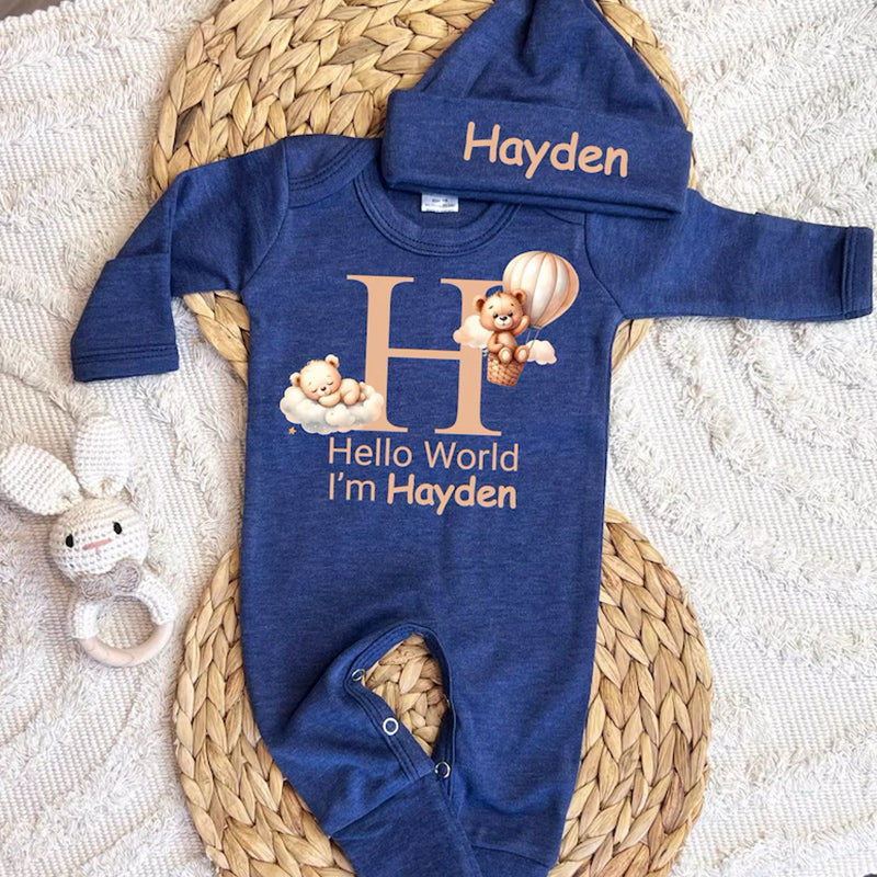 Personalized baby coming home outfit, romper hat set,