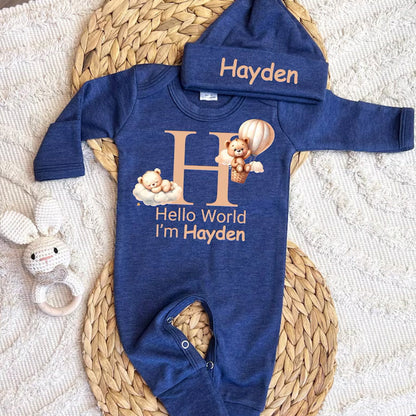 Personalized baby coming home outfit, romper hat set,