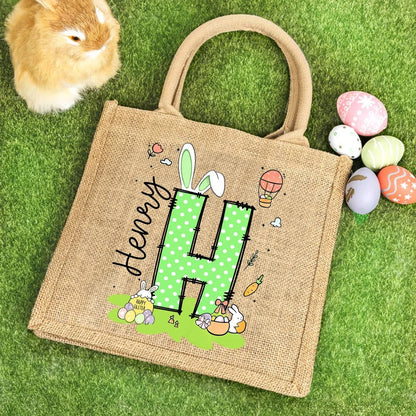 Personalized Cute Polka Dot Easter Egg Bunny Ear Initial Jute Tote Bag