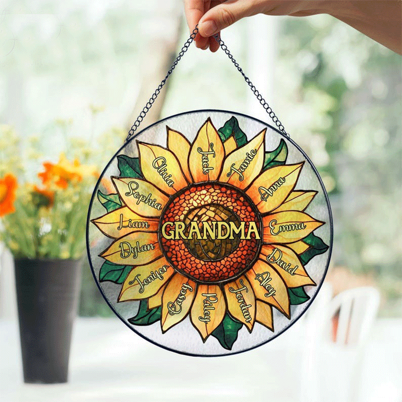 Personalized Grandma Grandkids Sunflower Stained Glass Suncatcher