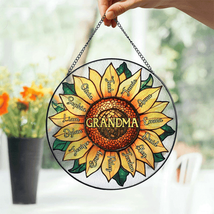 Personalized Grandma Grandkids Sunflower Stained Glass Suncatcher