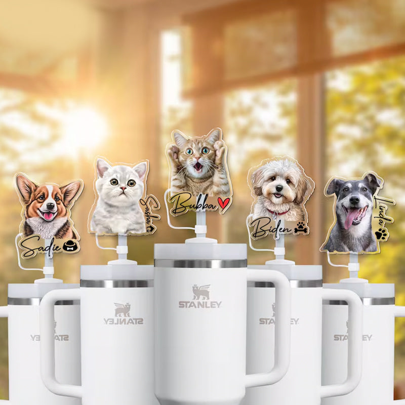 Custom Pet Photo Straw Topper, Stanley Cup Straw Cap with Pet Photo