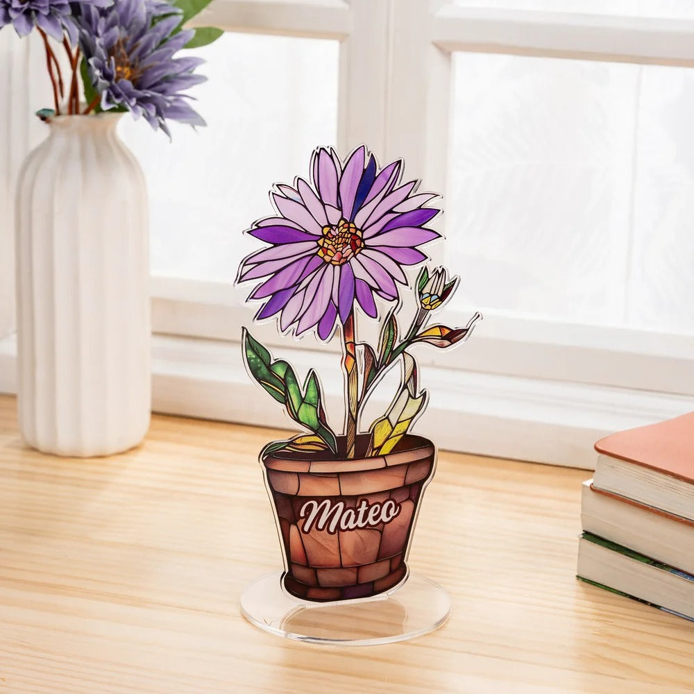 Personalized Faux Stained Glass Birth Flower Pot Acrylic Plaque
